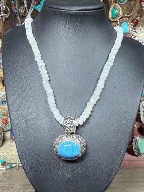 Moonstone Bead Necklace with Denim Lapis sterling silver pendant